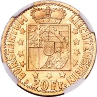 Liechtenstein coin 20 Francs - Franz Josef II (1946) reverse reverse of 20 Francs - Franz Josef II (1946) coin with Y# 14 from Liechtenstein. Inscription: FÜRSTENTUM LIECHTENSTEIN B 20 Fr.