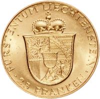 Liechtenstein coin 25 Francs - Franz Josef II - Franz Josef II and Princess Gina (1956) reverse reverse of 25 Francs - Franz Josef II - Franz Josef II and Princess Gina (1956) coin with Y# 15 from Liechtenstein. Inscription: FÜRSTENTUM LIECHTENSTEIN · 25 FRANKEN ·