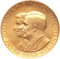 Liechtenstein coin 100 Francs - Franz Josef II - Franz Josef II and Princess Gina (1952) obverse obverse of 100 Francs - Franz Josef II - Franz Josef II and Princess Gina (1952) coin with Y# 17 from Liechtenstein. Inscription: FRANZ · JOSEF · II · UND · GINA · VON · LIECHTENSTEIN · 1952 · GRIENAUER