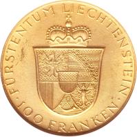 reverse of 100 Francs - Franz Josef II - Franz Josef II and Princess Gina (1952) coin with Y# 17 from Liechtenstein. Inscription: FÜRSTENTUM LIECHTENSTEIN · 100 FRANKEN ·