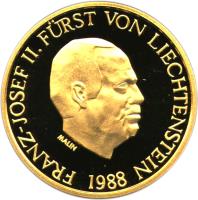 Liechtenstein coin 50 Francs - Franz Josef II - Anniversary of Reign (1988) obverse obverse of 50 Francs - Franz Josef II - Anniversary of Reign (1988) coin with Y# 21 from Liechtenstein. Inscription: FRANZ-JOSEF II. FÜRST VON LIECHTENSTEIN MALIN 1988