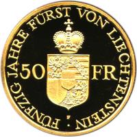 reverse of 50 Francs - Franz Josef II - Anniversary of Reign (1988) coin with Y# 21 from Liechtenstein. Inscription: FÜNFZIG JAHRE FÜRST VON LIECHTENSTEIN · 50 FR