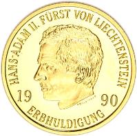 Liechtenstein coin 50 Francs - Hans Adam II - Succession of Hans Adam II (1990) obverse obverse of 50 Francs - Hans Adam II - Succession of Hans Adam II (1990) coin with Y# 23 from Liechtenstein. Inscription: HANS-ADAM II. FÜRST VON LIECHTENSTEIN FÖSLEITNER 19 90 ERBHULDIGUNG