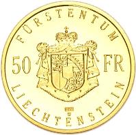 Liechtenstein coin 50 Francs - Hans Adam II - Succession of Hans Adam II (1990) reverse reverse of 50 Francs - Hans Adam II - Succession of Hans Adam II (1990) coin with Y# 23 from Liechtenstein. Inscription: FÜRSTENTUM 50 FR LIECHTENSTEIN