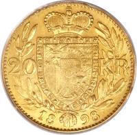 Liechtenstein coin 20 Kronen - Johann II (1898) reverse reverse of 20 Kronen - Johann II (1898) coin with Y# 6 from Liechtenstein. Inscription: 20 KR · 18 98