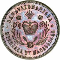 Madagascar coin 10 Centimes - Ranavalona III (1883) obverse obverse of 10 Centimes - Ranavalona III (1883) coin with X# 1 from Madagascar. Inscription: * RANAVALOMANJAKA * MPANJAKA NY MADAGASCAR