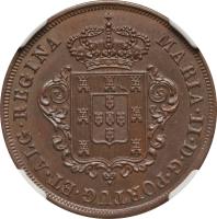 obverse of 5 Réis - Maria II (1850) coin with KM# 1 from Madeira Islands. Inscription: MARIA · II · D · G · PORTUG · ET · ALG · REGINA
