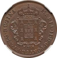 Madeira Islands coin 5 Réis - Maria II (1850) obverse obverse of 5 Réis - Maria II (1850) coin with KM# 1 from Madeira Islands. Inscription: MARIA · II · D · G · PORTUG · ET · ALG · REGINA
