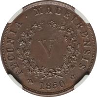 Madeira Islands coin 5 Réis - Maria II (1850) reverse reverse of 5 Réis - Maria II (1850) coin with KM# 1 from Madeira Islands. Inscription: PECUNIA · MADEIRENSIS V 1850