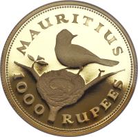 Mauritius coin 1000 Rupees - Elizabeth II - Mauritius Flycatcher - 2'nd Portrait (1975) reverse reverse of 1000 Rupees - Elizabeth II - Mauritius Flycatcher - 2'nd Portrait (1975) coin with KM# 42 from Mauritius. Inscription: MAURITIUS 1000 RUPEES