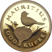 reverse of 1000 Rupees - Elizabeth II - Mauritius Flycatcher - 2'nd Portrait (1975) coin with KM# 42 from Mauritius. Inscription: MAURITIUS 1000 RUPEES