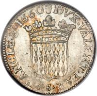 Monaco coin 5 Sols - Honore II (1660 - 1662) reverse reverse of 5 Sols - Honore II (1660 - 1662) coin with KM# 35 from Monaco. Inscription: DVX · VALENT · PAR · $ · FRANCIƷ& · 1660