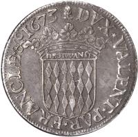 Monaco coin 1 Scudo - Louis I (1662 - 1682) reverse reverse of 1 Scudo - Louis I (1662 - 1682) coin with KM# 37 from Monaco. Inscription: DVX*VALENT*PAR*FRANCIÆ*&1673