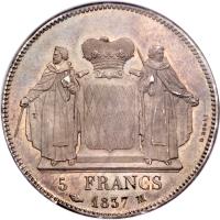 reverse of 5 Francs - Honore V (1837) coin with KM# 96 from Monaco.