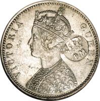 obverse of 1 Rupee - Countermarked Coinage (1876) coin with KM# 41.1 from Mozambique. Inscription: VICTORIA QUEEN P.M