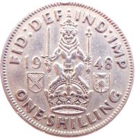 reverse of 1 Shilling - George VI - Scottish crest; With IND:IMP (1947 - 1948) coin with KM# 864 from United Kingdom. Inscription: FID:DEF · IND:IMP 19 47. K G ONE · SHILLING