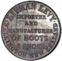 reverse of 1 Penny - Wellington & Erin Gobragh / Lipman Levy; Mule coin with KM# Tn40 from New Zealand. Inscription: .LIPMAN LEVY. WELLINGTON NEW ZEALAND IMPORTER AND MANUFACTURER OF BOOTS & SHOES