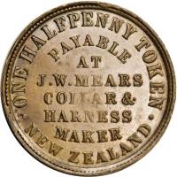 reverse of 1/2 Penny - J.W. Mears, Wellington coin with KM# Tn45 from New Zealand. Inscription: .ONE HALFPENNY TOKEN. NEW ZEALAND PAYABLE AT J.W.MEARS COLLAR & HARNESS MAKER