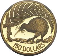 New Zealand coin 150 Dollars - 1990 sesquicentennial (1990) reverse reverse of 150 Dollars - 1990 sesquicentennial (1990) coin with KM# 77 from New Zealand. Inscription: 150 DOLLARS