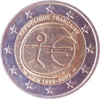 obverse of 2 Euro - 10 Years of EMU (2009) coin with KM# 1590 from France. Inscription: RÉPUBLIQUE FRANÇAISE UEM 1999 2009