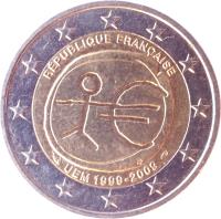 France coin 2 Euro - 10 Years of EMU (2009) obverse obverse of 2 Euro - 10 Years of EMU (2009) coin with KM# 1590 from France. Inscription: RÉPUBLIQUE FRANÇAISE UEM 1999 2009