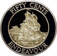 reverse of 50 Cents - H.M.S. Endeavour (1994) coin with KM# 90b from New Zealand. Inscription: FIFTY CENTS ENDEAVOUR