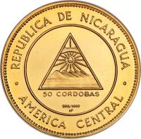 obverse of 50 Córdobas - Ruben Dario (1967) coin with KM# 25 from Nicaragua.