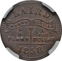 obverse of 1/8 Penny - Mac Gregor Laird (1858) coin with KM# Tn2 from Nigeria. Inscription: LIARD SPERO MELIORA 1/8 PENNY 1/400 DOLLAR 1858