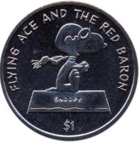 reverse of 1 Dollar - Elizabeth II - Snoopy (2001) coin with KM# 123 from Niue. Inscription: FLYING ACE AND THE RED BARON SNOOPY 1$