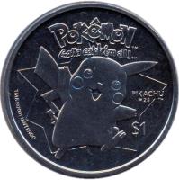 reverse of 1 Dollar - Elizabeth II - Pikachu (2001) coin with KM# 137 from Niue. Inscription: PoKéMoN™ Gotta catch'em all!™ PIKACHU #25 ™ $1 TM&©2001 NINTENDO