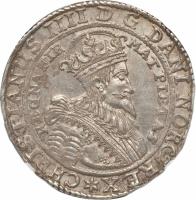 obverse of 1 Specie Daler - Christian IV (1629 - 1648) coin with KM# 12 from Norway. Inscription: CHRISTIANUS IIII D G DANI NORGREX* REGNA FIR MAT PIETAS