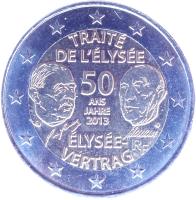 France coin 2 Euro - Élysée Treaty (2013) obverse obverse of 2 Euro - Élysée Treaty (2013) coin with KM# 2094 from France. Inscription: TRAITÉ DE L'ÉLYSÉE 50 ANS JAHRE 2013 ÉLYSÉE- VERTRAG RF
