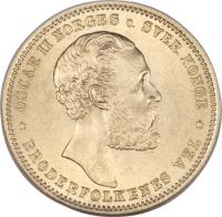 obverse of 20 Kroner - Oscar II (1874 - 1875) coin with KM# 348 from Norway. Inscription: OSCAR II NORGES SVER KONGE BRODERFOLKENES VEL