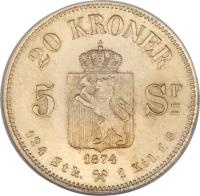 reverse of 20 Kroner - Oscar II (1874 - 1875) coin with KM# 348 from Norway. Inscription: 20 KRONER 1874 124 Stk. 1 Kil.f.G