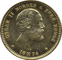 obverse of 10 Kroner - Oscar II (1874) coin with KM# 347 from Norway. Inscription: OSCAR II o. NORGES SVER.KONGE * 18 74 *