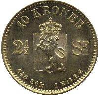 reverse of 10 Kroner - Oscar II (1874) coin with KM# 347 from Norway. Inscription: 10 KRONER 2½ SP 248 Stk 1 Kil.f.G.