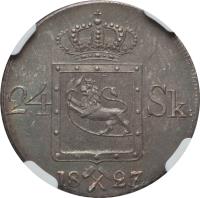 reverse of 24 Skilling - Carl XIV (1825 - 1836) coin with KM# 300 from Norway. Inscription: 24 SK: 1827/5