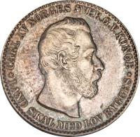 obverse of 12 Skilling - Carl XV (1865) coin with KM# 326 from Norway. Inscription: CARL XV NORGES SVER.G.V.KONGE *LAND SKAL MED LOV BYGGES*