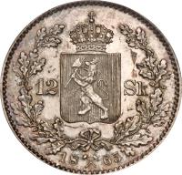 reverse of 12 Skilling - Carl XV (1865) coin with KM# 326 from Norway. Inscription: 12 SK 18 65