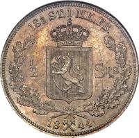 reverse of 1/2 Specie Daler - Carl XIV (1844) coin with KM# 312 from Norway. Inscription: 18½ ST.1 MK.FS. 1/2 SPS= 18X44