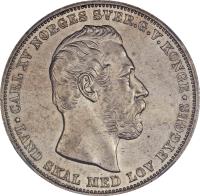 obverse of 1 Specie Daler - Carl XV (1864 - 1869) coin with KM# 325 from Norway. Inscription: CARL XV NORGES SVER.G.V.KONGE * LAND SKAL MED LOV BYGGES *