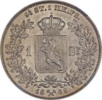 reverse of 1 Specie Daler - Carl XV (1864 - 1869) coin with KM# 325 from Norway. Inscription: 9¼ ST.1 MK.FS. 1 SP= 18X69