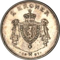 obverse of 2 Kroner - Haakon VII - Border Watch - Small Coat of Arms (1907) coin with KM# 366 from Norway. Inscription: 2 KRONER · 19 07 ·