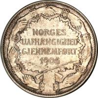 reverse of 2 Kroner - Haakon VII - Border Watch - Small Coat of Arms (1907) coin with KM# 366 from Norway. Inscription: NORGES UAFHÆNGIGHEDbr />GJENNEMFØRT 1905