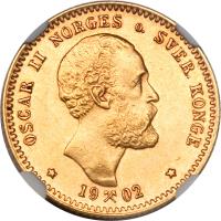 obverse of 10 Kroner - Oscar II (1877 - 1902) coin with KM# 358 from Norway. Inscription: OSCAR II NORGES SVER KONGE 19 02
