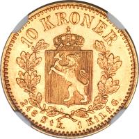 reverse of 10 Kroner - Oscar II (1877 - 1902) coin with KM# 358 from Norway. Inscription: 10 KRONER 248 StK 1 kilfG