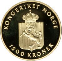 obverse of 1500 Kroner - Harald V - 150th anniversary of the birth of Edvard Grieg (1993) coin with KM# 446 from Norway. Inscription: KONGERIKET NORGE 1500 KRONER