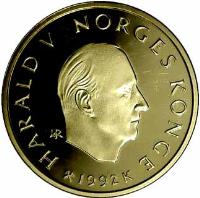 obverse of 1500 Kroner - Harald V - 1994 Olympics (1992) coin with KM# 442 from Norway. Inscription: HARALD V · NORGES KONGE IAR 1992