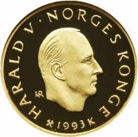 obverse of 1500 Kroner - Harald V - 1994 Olympics - Roald Amundsen (1993) coin with KM# 452 from Norway. Inscription: HARALD V · NORGES KONGE 1993 K