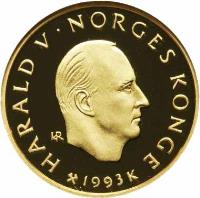 Norway coin 1500 Kroner - Harald V - 1994 Olympics - Roald Amundsen (1993) obverse obverse of 1500 Kroner - Harald V - 1994 Olympics - Roald Amundsen (1993) coin with KM# 452 from Norway. Inscription: HARALD V · NORGES KONGE 1993 K